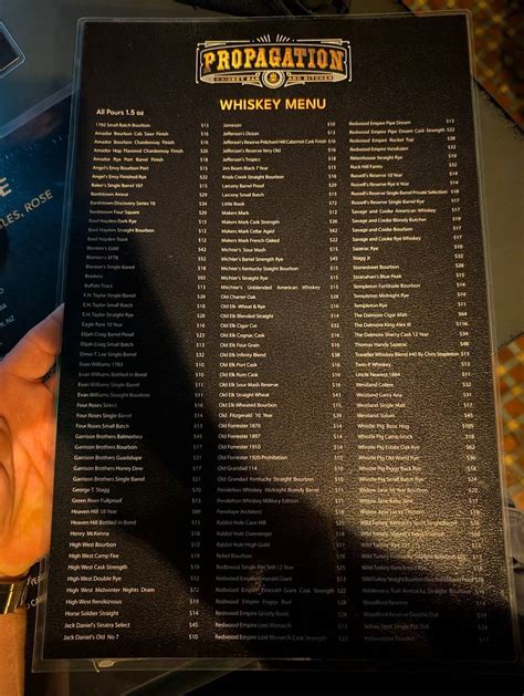 Menu at Propagation Whiskey Bar and Kitchen, Plant City