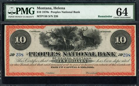 1870s Helena, Montana Peoples National Bank $10 Remainder Note PMG ...