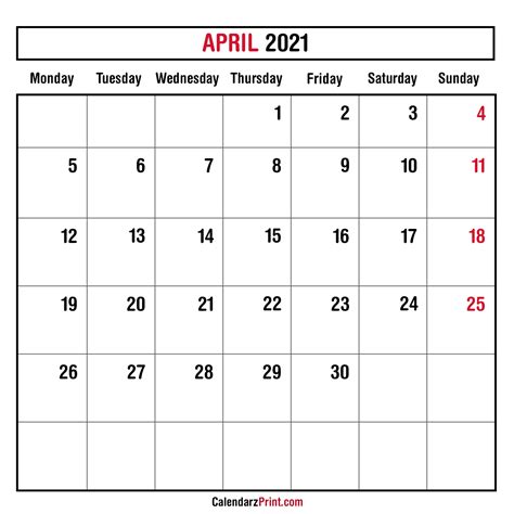 April 2021 Monthly Planner Calendar, Printable Free – Monday Start ...