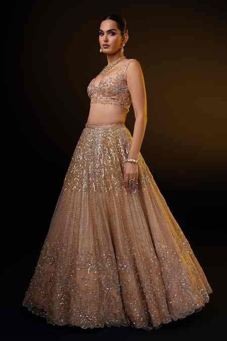 Buy Brown Organza, Net Sequins, Beads Floral Embroidered Lehenga Set ...