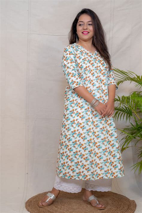 Morning Glory Off White Floral A Line Cotton Kurta