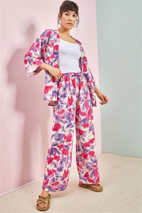 Fuşya Beli Lastikli Multi Desenli Pantolon | Bianco Lucci
