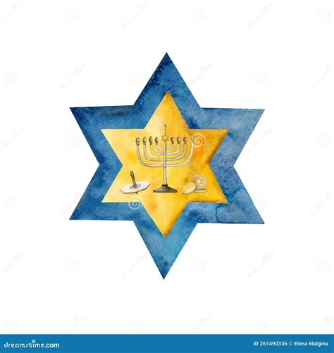 Watercolor Hanukkah Illustration With Holiday Symbols, Menorah, Dreidel ...