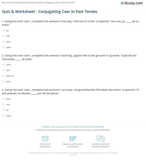 Quiz & Worksheet - Conjugating Caer in Past Tenses | Study.com
