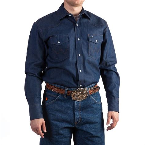 Wrangler Men's Cowboy Cut Denim Work Shirt, Long Sleeves, Snap Closure ...