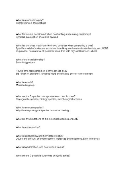 Evo&ecology study guide exam 3 - What is a synapomorphy? Shared derived ...