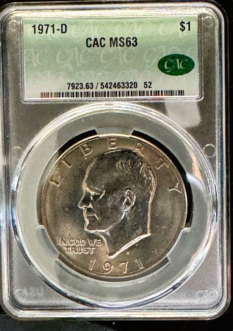 1971-D EISENHOWER UNCIRCULATED $1 DOLLAR COIN, SCARCE CAC GRADED MS 63 ...
