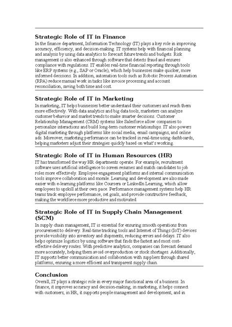 Strategic Role of IT in Business Functions - Fit Notes 2 - Studocu