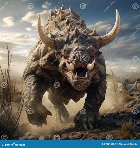 A Dinosaur with Horns Running on Dirt Stock Illustration - Illustration ...