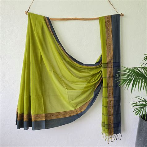 REKHA -Pure Cotton Handloom Green With Grey Border Saree – Sanskruti