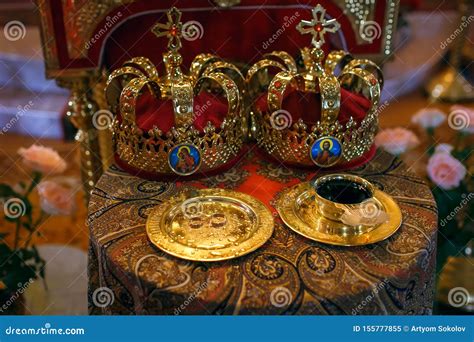 Two Orthodox Wedding Ceremonial Crowns Ready for Ceremony Stock Image ...
