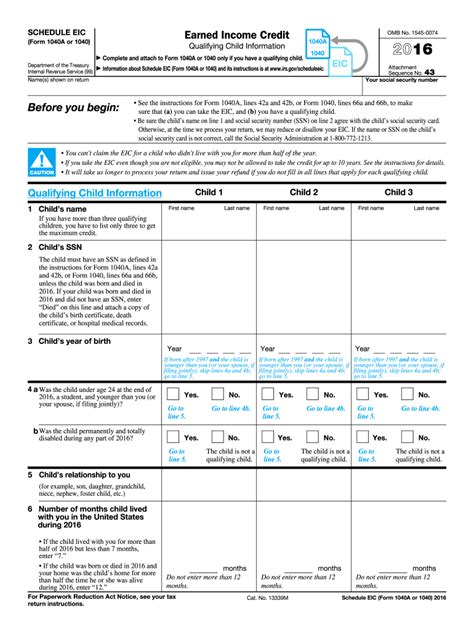 2016 Form IRS 1040 - Schedule EIC - Blank Fillable Template | Fill Out ...