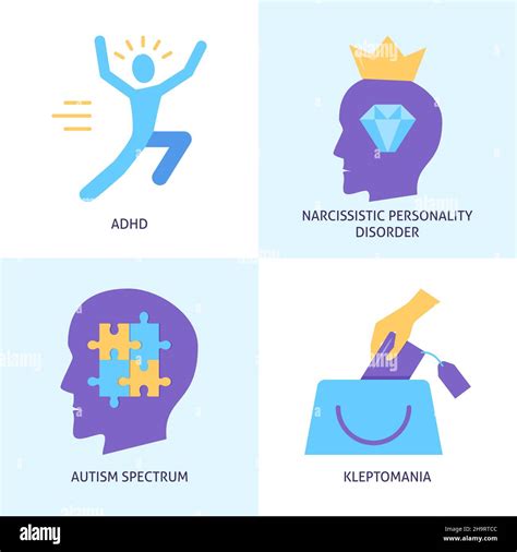 Mental disorders icon set in flat style. Narcissistic personality ...