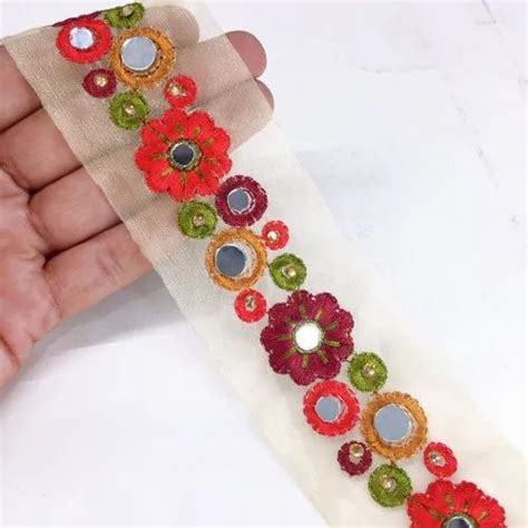 Embroidered Colorful Laces Trims - Embroidered Lace With Mirror Work ...