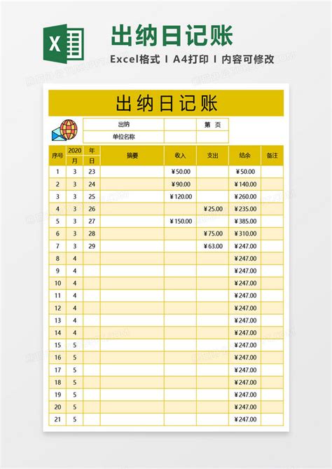 黄色出纳日记账Excel模板下载_熊猫办公