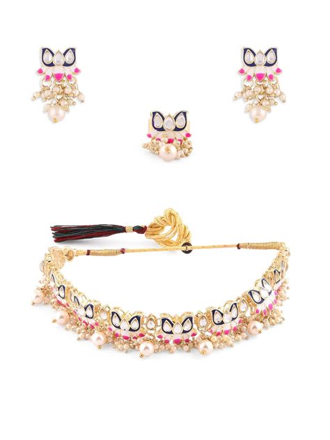 ZAVERI PEARLS Blue & Pink Meenakari Lotus Design Choker Necklace ...