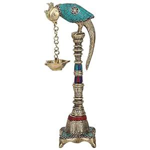 Buy SHIVIKA Brass Crafted Parrot Showpiece with Hanging Diya (9x11x32 ...
