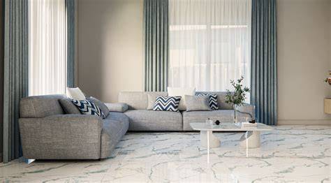 Elegant Living Room with Blue Accents and Marble Flooring