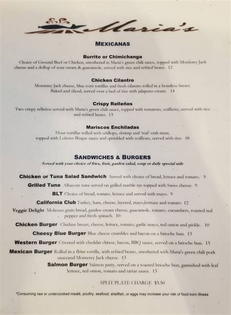 Menu at Maria's The Gathering Place restaurant, Green Valley