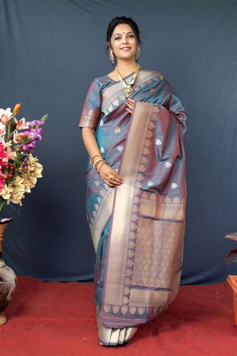 Gratifying Grey Banarasi Silk Saree With Classic Blouse Piece ...