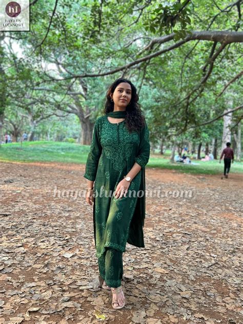 Zeenat Bottle Green Rayon Set | Lucknowi Chikankari Kurta Palazzo ...