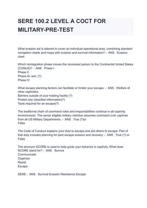 SERE 100.2 LEVEL A COCT FOR MILITARY-PRE-TEST - SERE 100.2 - Stuvia US