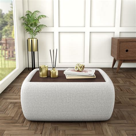 Rectangular Beige Upholstered Coffee Table with Storage - Clio ...