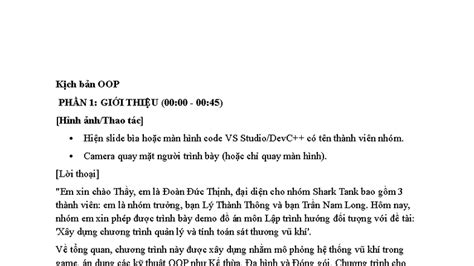 Kịch bản Demo Đồ Án OOP: Quản Lý Vũ Khí - Nhóm Shark Tank - Studocu