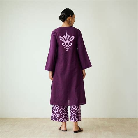 Buy Resha Slub Cotton Kurta Set with Mukaish Work - Violet | Rustorange