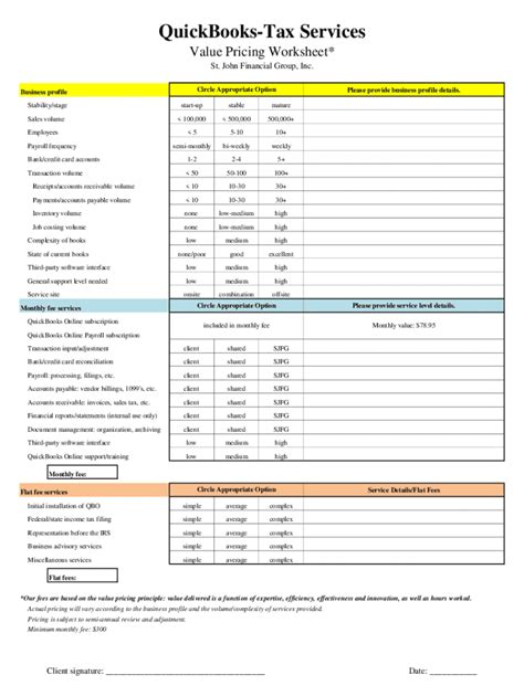 Fillable Online Value Pricing Worksheet.xlsx - QuickBooks-Tax Services ...