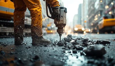Construction worker drilling asphalt at city road worksite | Premium AI ...