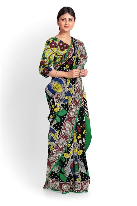 Multicoloured Hand-Painted Blended Silk Kalamkari Saree - KPCHS-028 ...