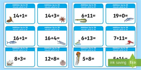 Addition up to 20 Cards English/Romanian - Addition up to 20 Cards