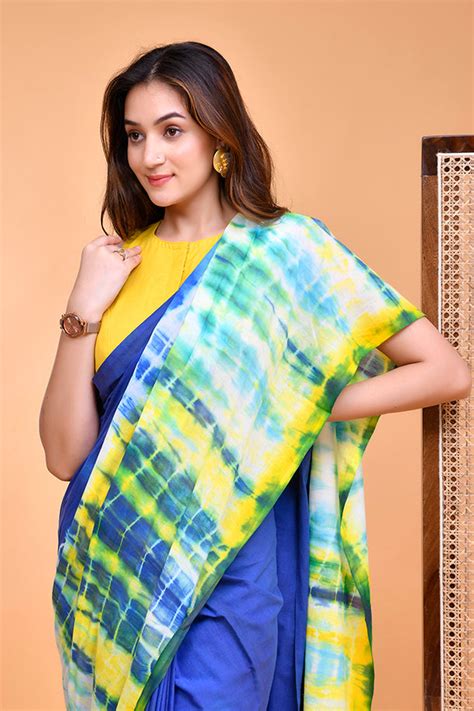 Vibrant Blue and Yellow Shibori Tie-Dye Mul Cotton Saree – thesaffronsaga