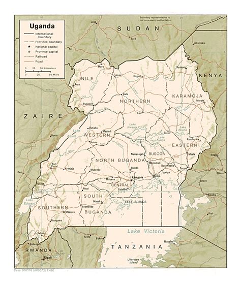 Detailed political and administrative map of Uganda with relief, roads, railroads and major ...
