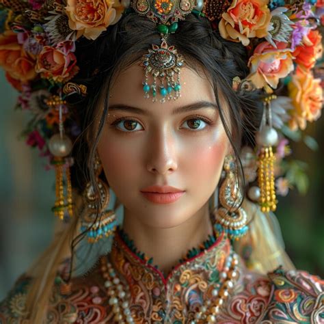 A woman in a traditional dress with flowers on her head and the word ...