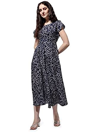 Buy QIQI Women's Crepe A-Line Standard Length Casual Dress (md518_Blue ...