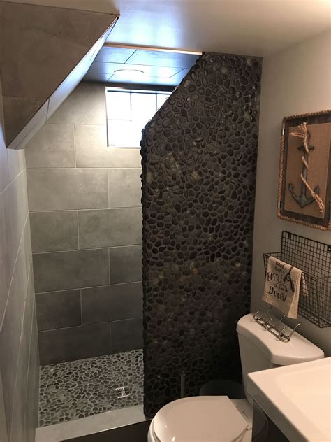 Black Pebble Tile Shower Floor and Wall | Bathrooms remodel, Shower ...