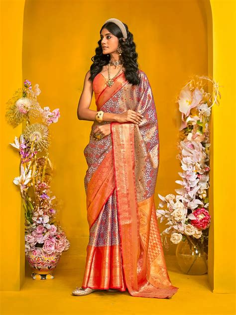 Silk Weeding Style Handmade Weaving Saree in Lavender - VJV Now - India