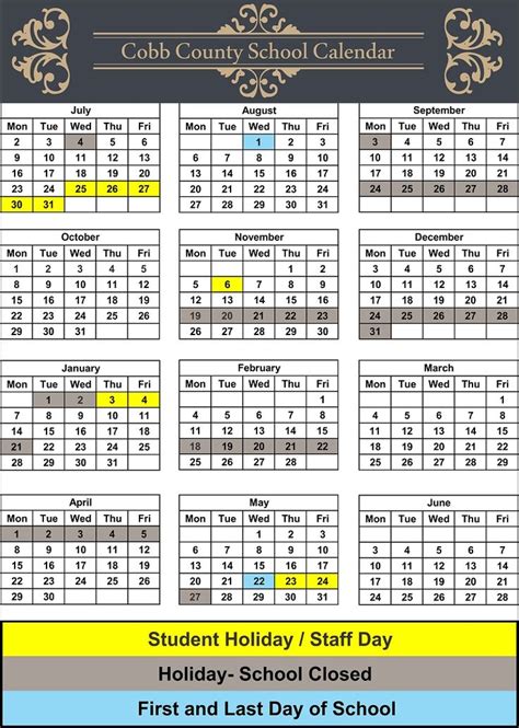 the calendar for cobb county school holidays is shown in blue and ...
