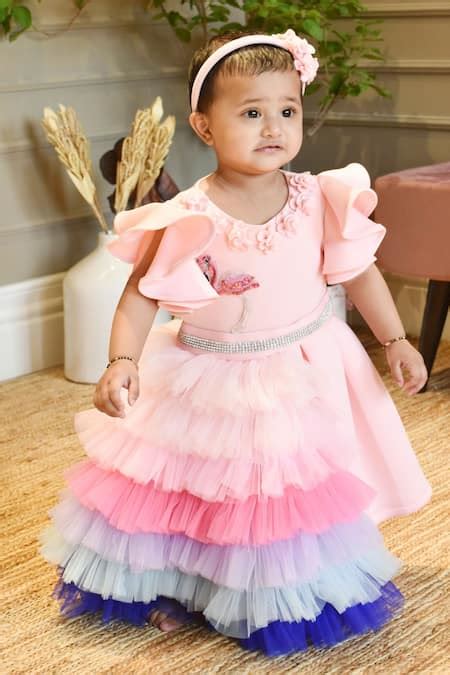 Buy Pink Dress Lycra Embellished 3d Flowers Pleated With Detachable ...