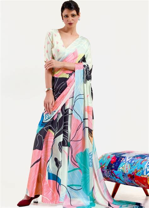 Multi Colored Digital Printed Satin Crepe Saree - Clothsvill