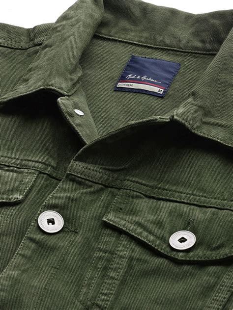 Men Olive Green Solid Denim Jacket