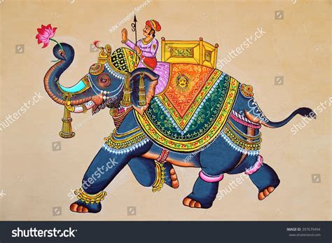 Traditional Indian or Rajasthani wall painting of elephant with jockey ...