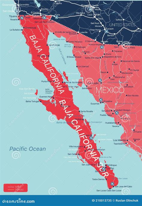 Baja California Region Detailed Editable Map Stock Vector ...