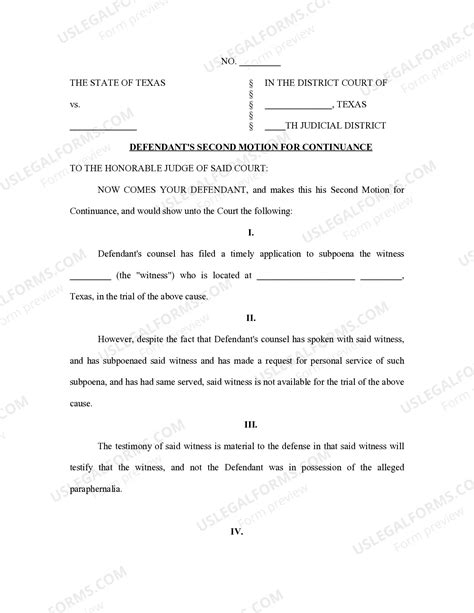 Texas Defendant's Second Motion for Continuance | US Legal Forms