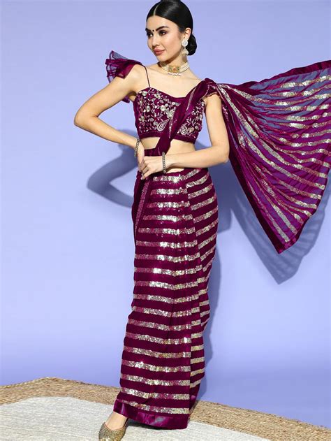 HPTY2828 Chhabra 555 Purple Striped Sequinned Bling Embellished ...