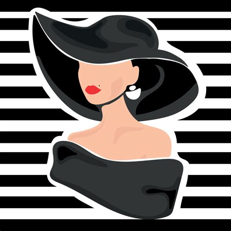 Fashion illustration Elegant woman in a hat on a striped background ...
