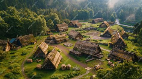 Premium Photo | Viking settlement with traditional longhouses and community activities