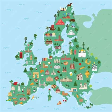 Illustrierte Karte des Kontinents Europa mit berühmten ...